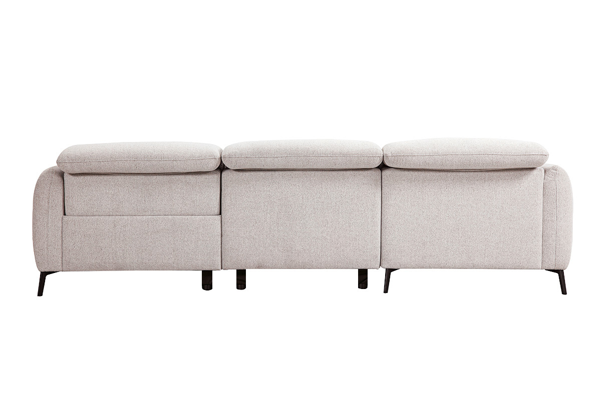 Canap� d'angle gauche �lectrique 3-4 places avec t�ti�res ajustables et repose-pieds en tissu effet velours textur� beige et m�tal TIGNES