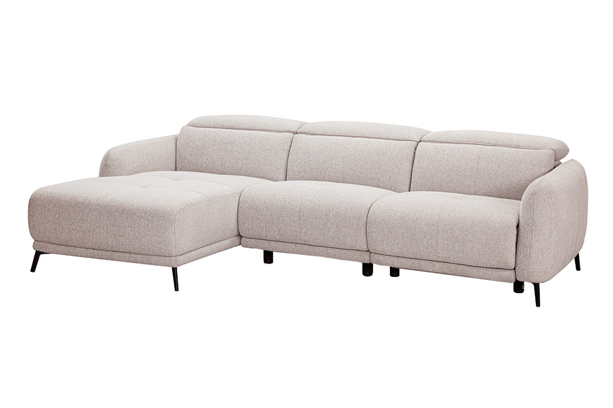 Canap� d'angle gauche �lectrique 3-4 places avec t�ti�res ajustables et repose-pieds en tissu effet velours textur� beige et m�tal TIGNES