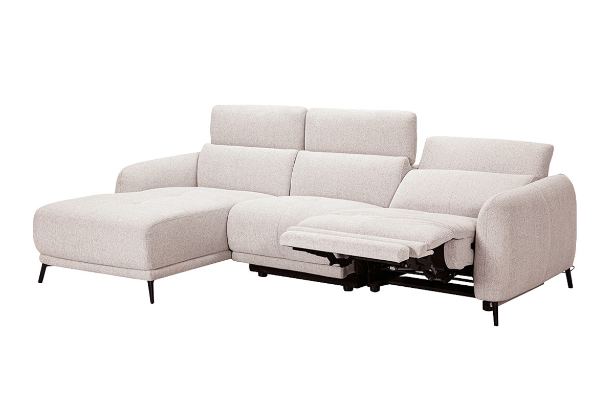 Canap� d'angle gauche �lectrique 3-4 places avec t�ti�res ajustables et repose-pieds en tissu effet velours textur� beige et m�tal TIGNES