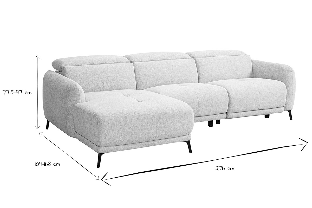 Canap� d'angle gauche �lectrique 3-4 places avec t�ti�res ajustables et repose-pieds en tissu effet velours textur� beige et m�tal TIGNES