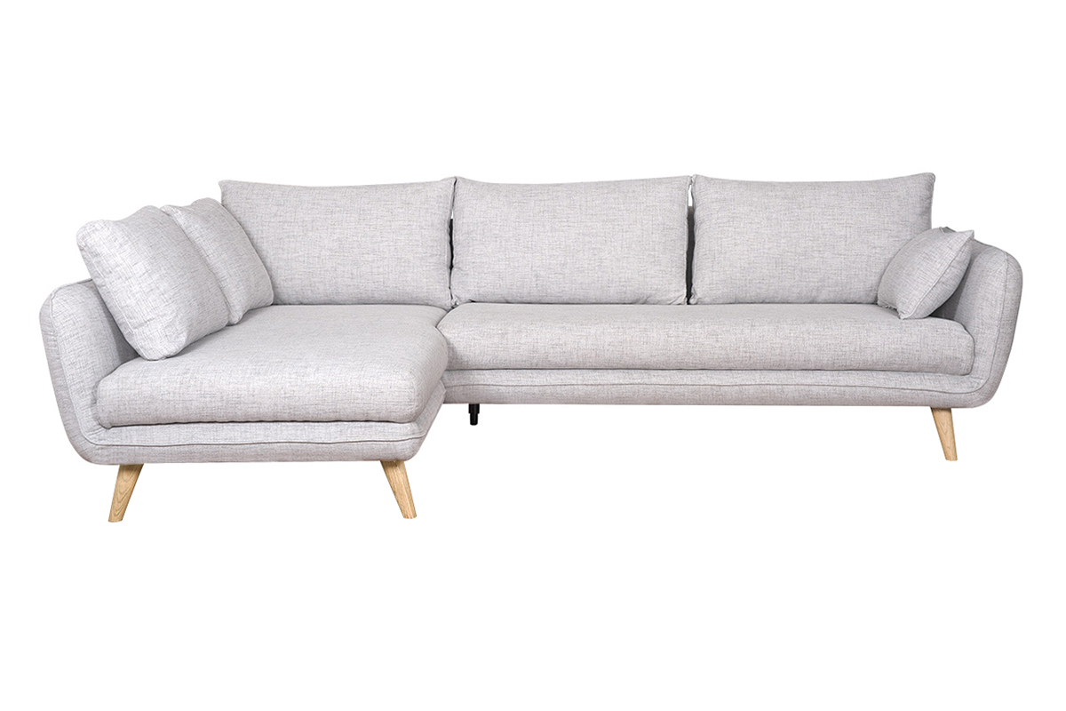 Canap d'angle gauche scandinave 5 places en tissu gris clair chin et bois clair CREEP
