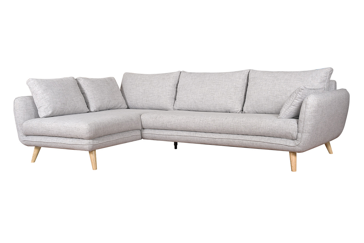 Canap d'angle gauche scandinave 5 places en tissu gris clair chin et bois clair CREEP