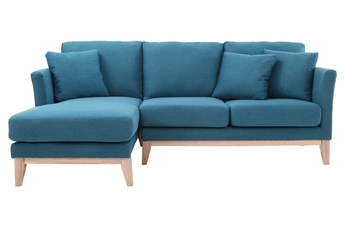 Canap d'angle gauche scandinave bleu canard dhoussable et bois clair 3-4 places OSLO