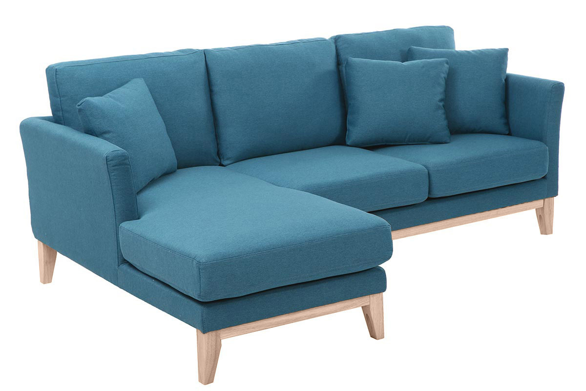 Canap d'angle gauche scandinave bleu canard dhoussable et bois clair 3-4 places OSLO