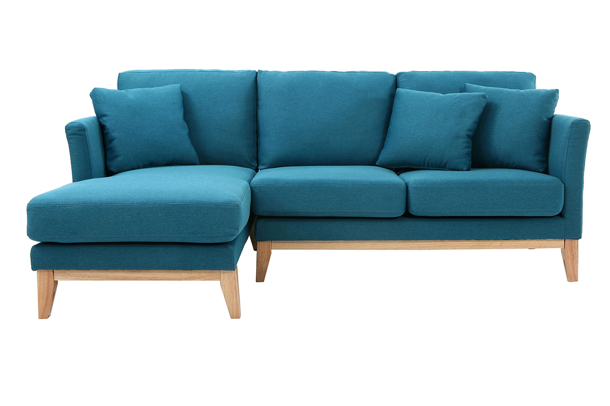 Canap d'angle gauche scandinave bleu canard dhoussable et bois clair 3-4 places OSLO