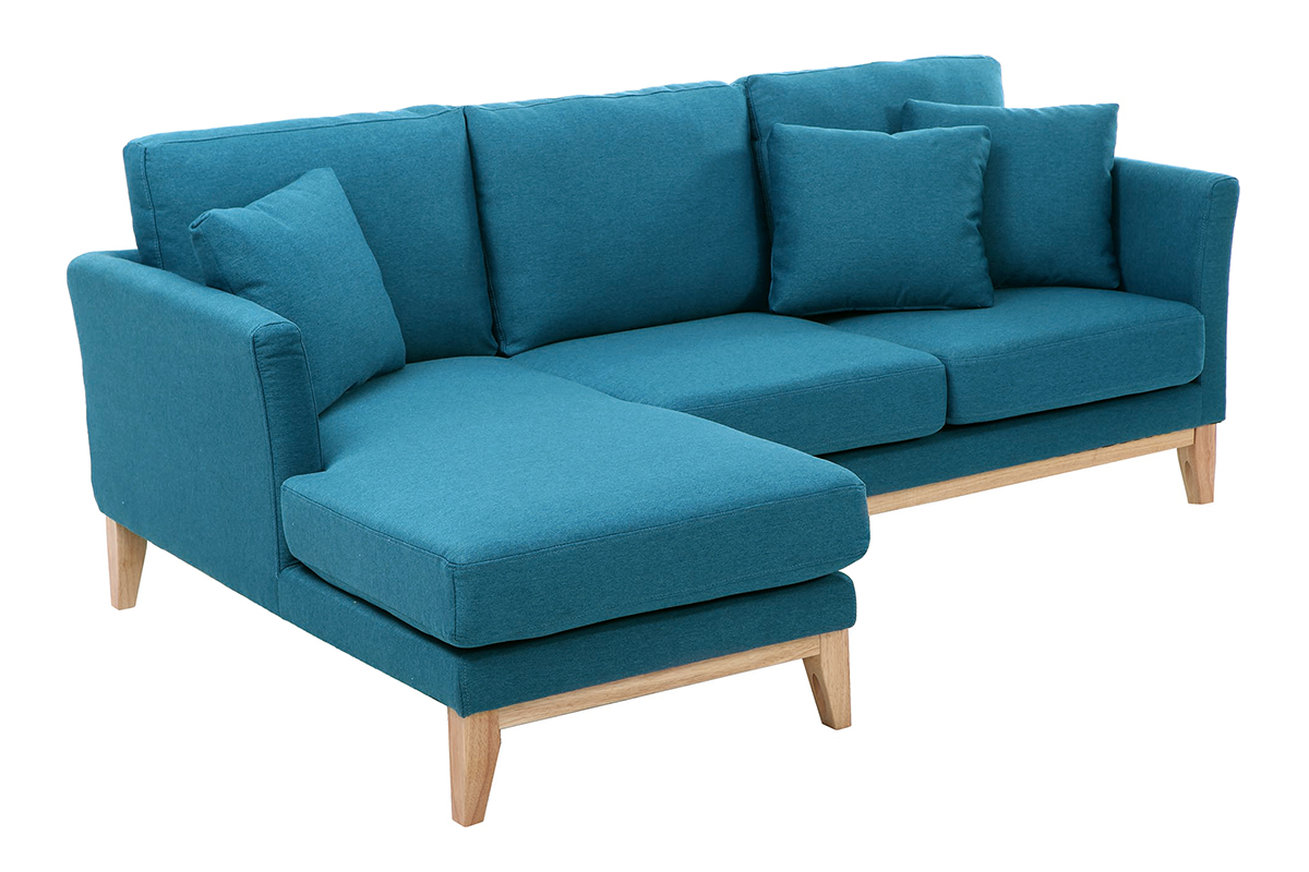 Canap d'angle gauche scandinave bleu canard dhoussable et bois clair 3-4 places OSLO