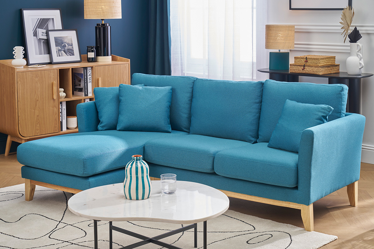 Canap� d'angle gauche scandinave bleu canard d�houssable et bois clair 3-4 places OSLO