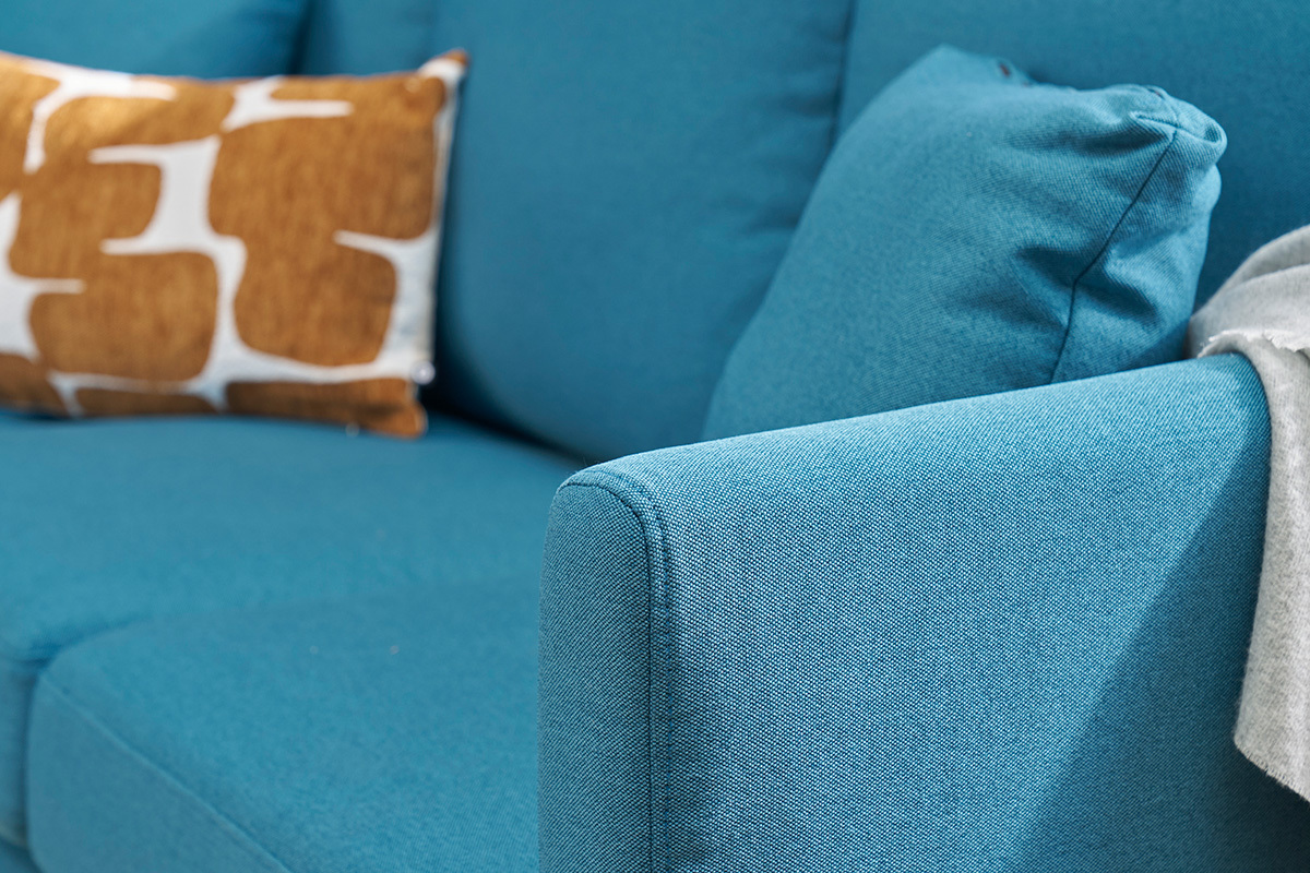 Canap� d'angle gauche scandinave bleu canard d�houssable et bois clair 3-4 places OSLO