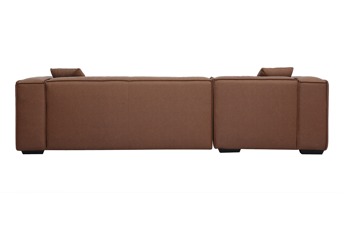 Canap d'angle gauche vintage 4-5 places en cuir marron et bois noir COBAIN