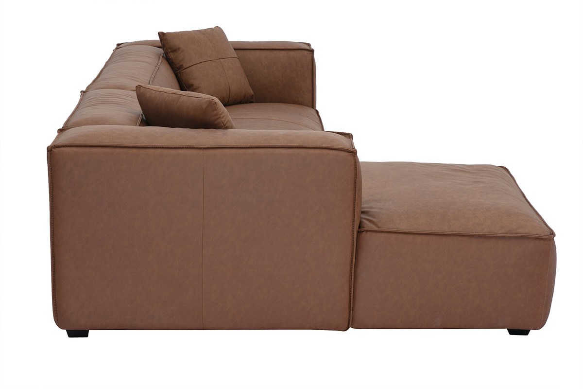 Canap d'angle gauche vintage 4-5 places en cuir marron et bois noir COBAIN
