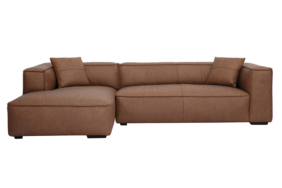 Canap d'angle gauche vintage 4-5 places en cuir marron et bois noir COBAIN