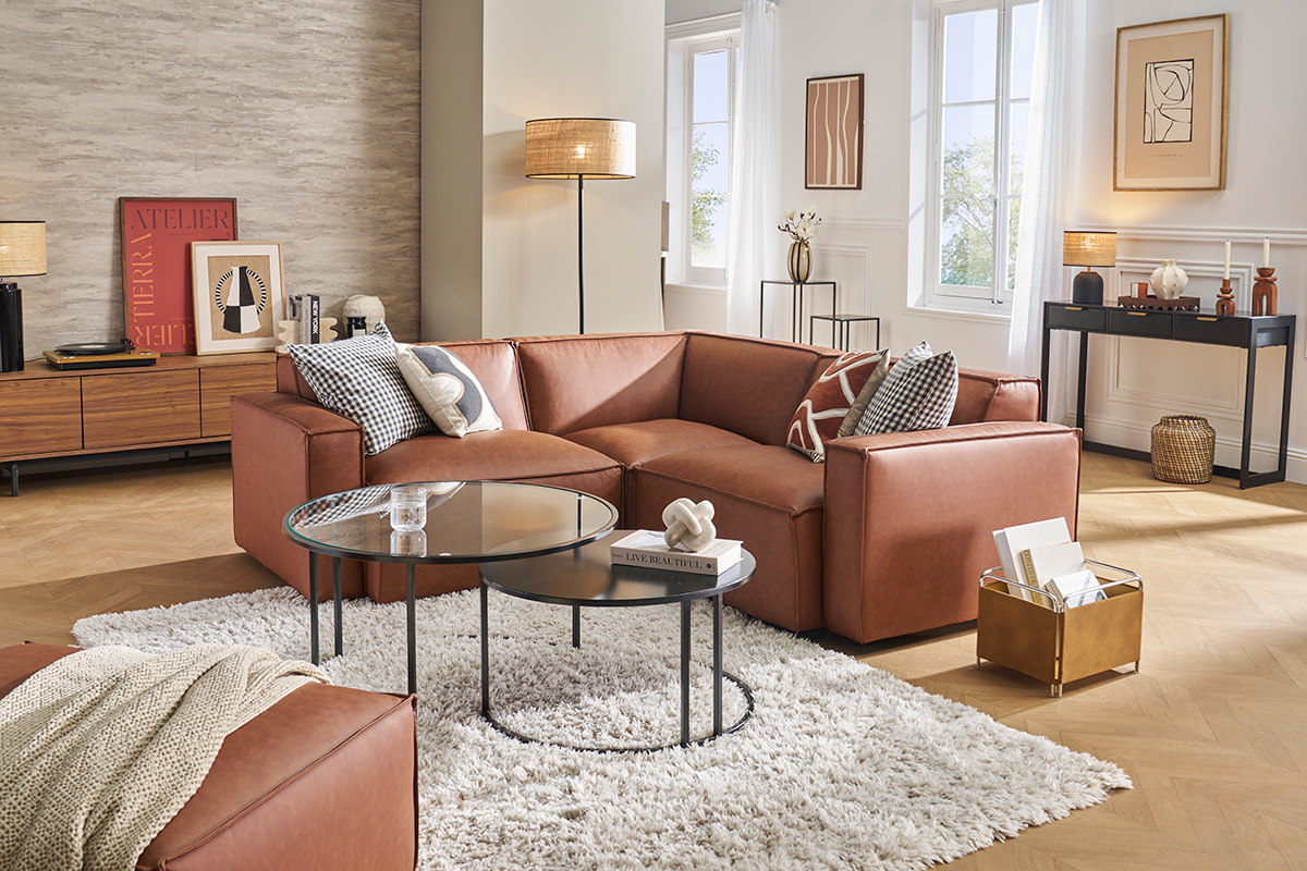 Canap� d'angle modulable 3 places en tissu effet velours textur� beige SPLIT