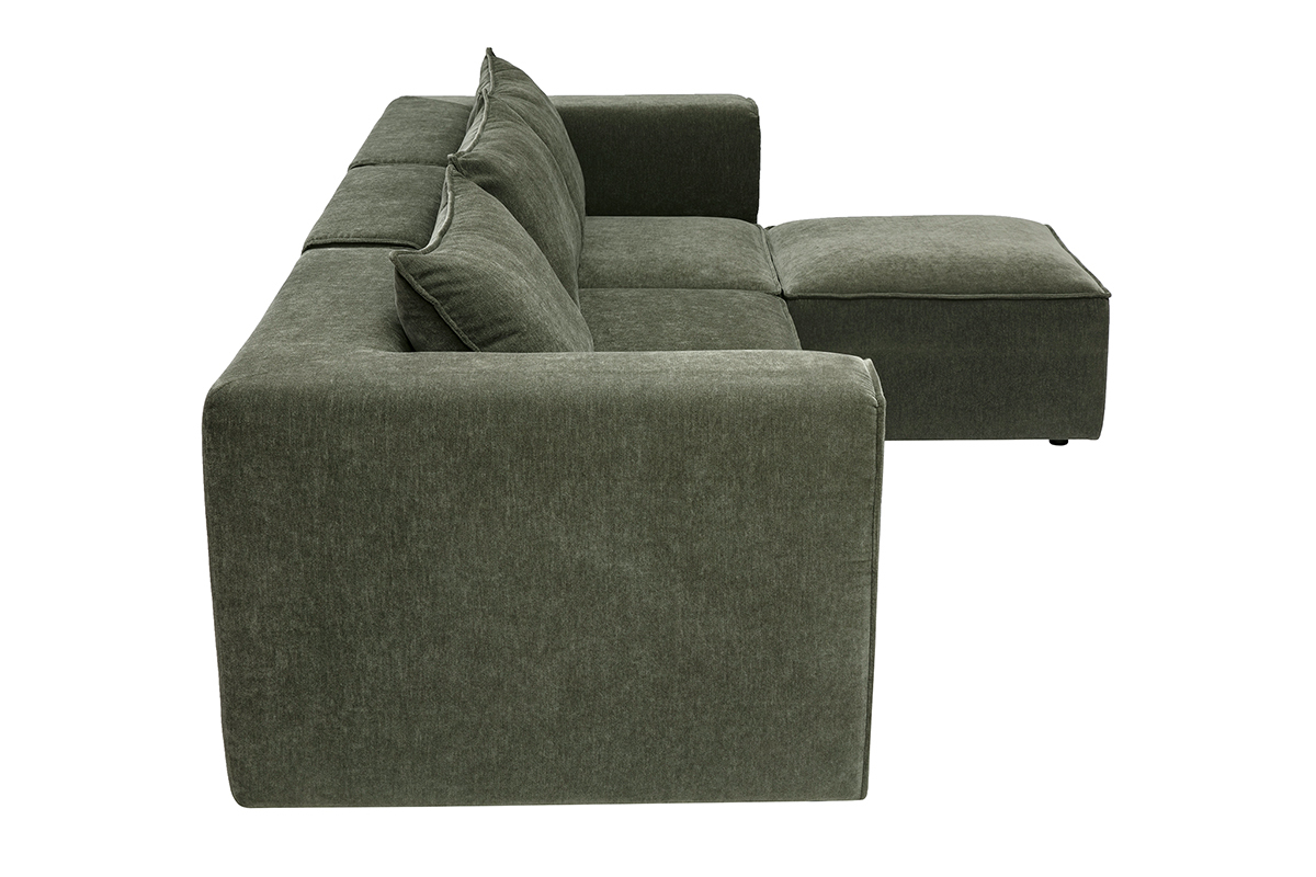 Canap� d'angle modulable 4 places en tissu effet velours vert kaki KERRY
