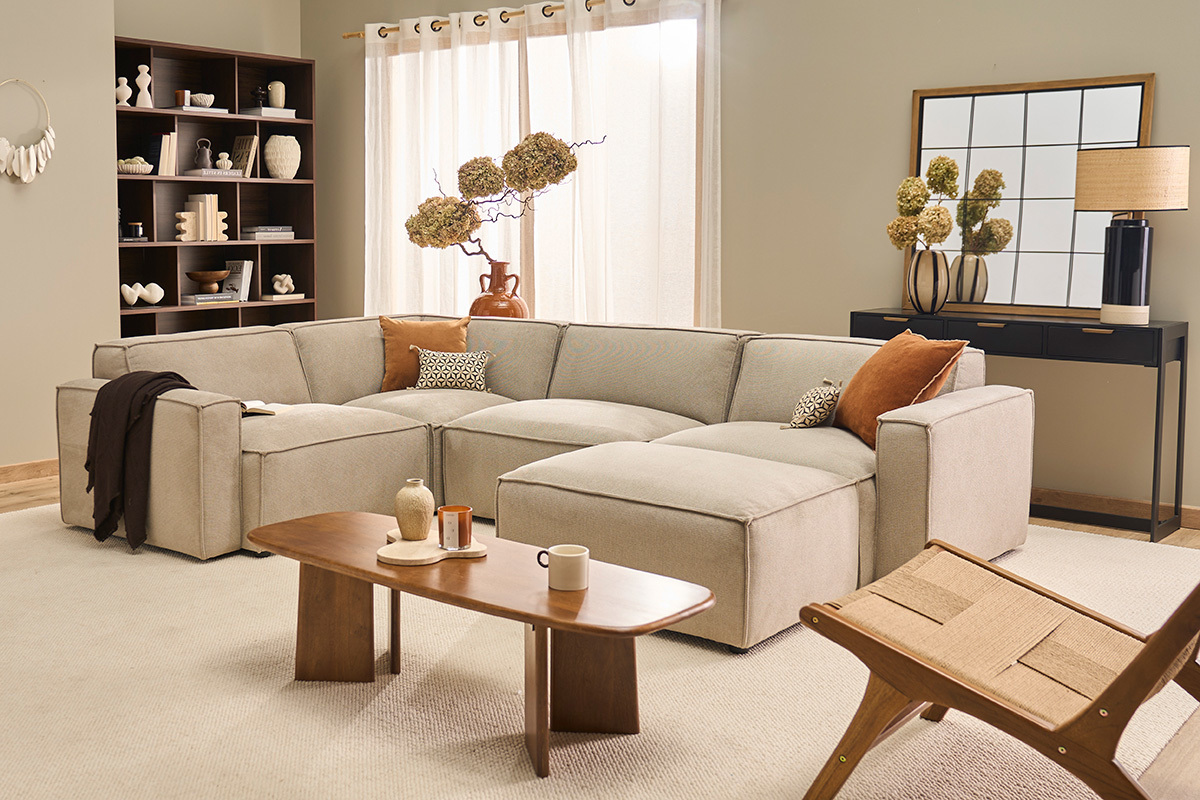 Canap� d'angle modulable 5 places et pouf en tissu effet velours textur� beige SPLIT