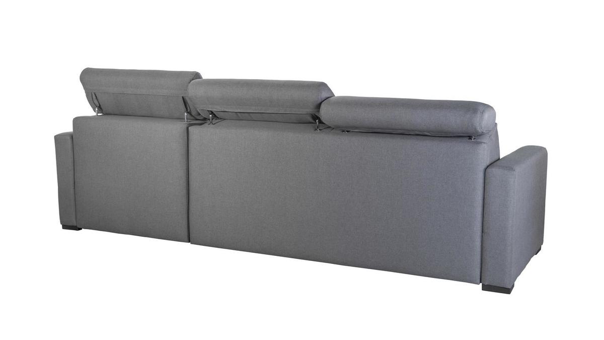 Canap d'angle rversible et convertible avec coffre et ttires ajustables 4 places en tissu gris NORO