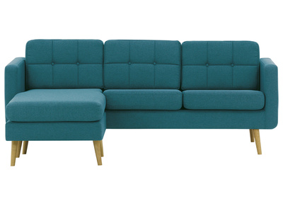 Canapé d'angle réversible scandinave en tissu bleu canard et bois ELFE - Canapé d'angle réversible scandinave en tissu bleu canard et bois ELFE