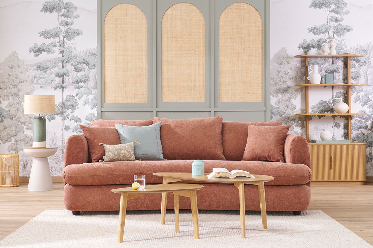 Canap dhoussable 3-4 places design haricot en tissu effet velours terracotta SACHA