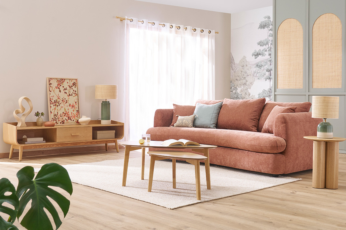 Canap dhoussable 3-4 places design haricot en tissu effet velours terracotta SACHA