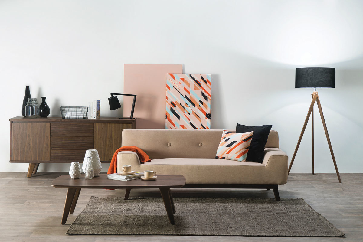 Canap� design 2-3 places gris et bois fonc� VILA