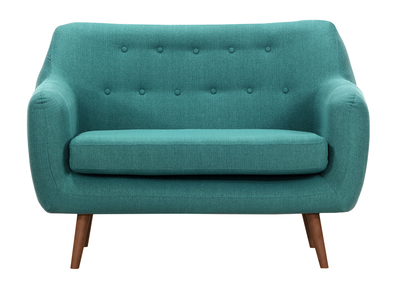 Canap&eacute; design 2 places bleu canard pieds noyer OLAF