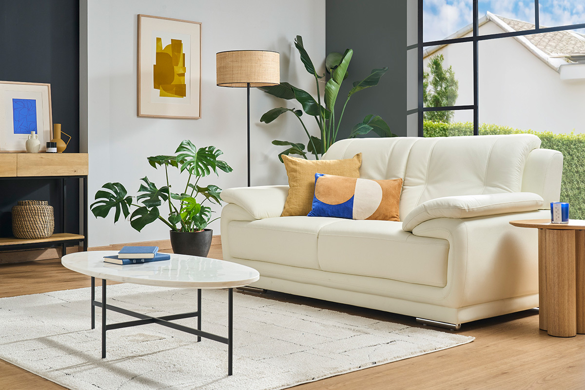 Canap design 2 places en cuir blanc et acier chrom TAMARA
