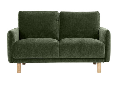 Canap&eacute; design 2 places en tissu effet velours vert kaki et bois clair BONO