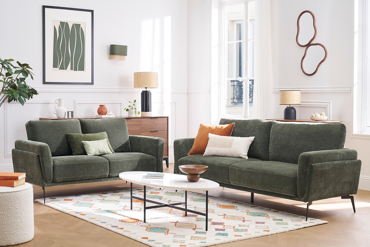 Canap design 2 places en tissu effet velours vert kaki et mtal noir MOSCO