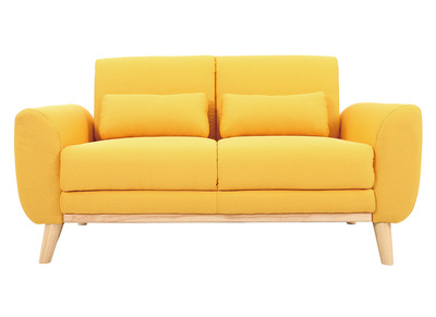 Canap&eacute; design 2 places tissu jaune et pieds ch&ecirc;ne EKTOR