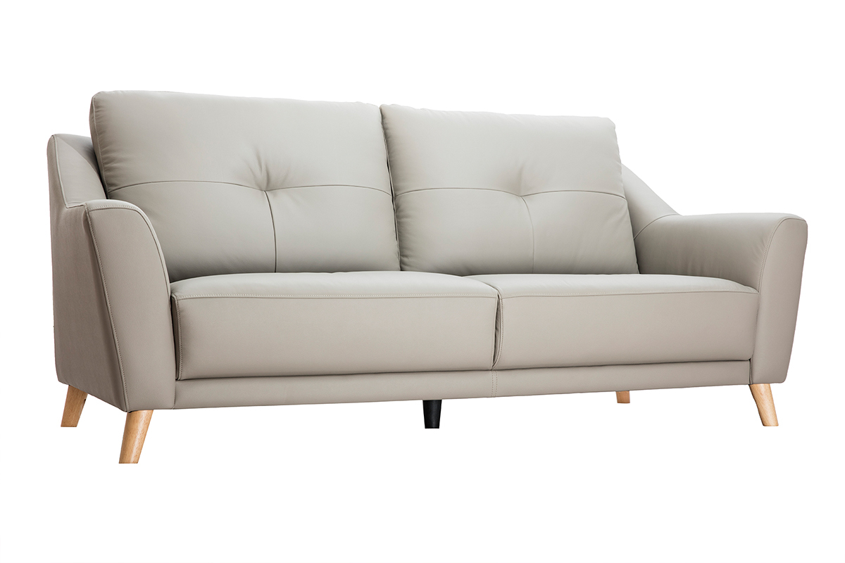 Canap design 3 places cuir gris et bois clair ARNOLD