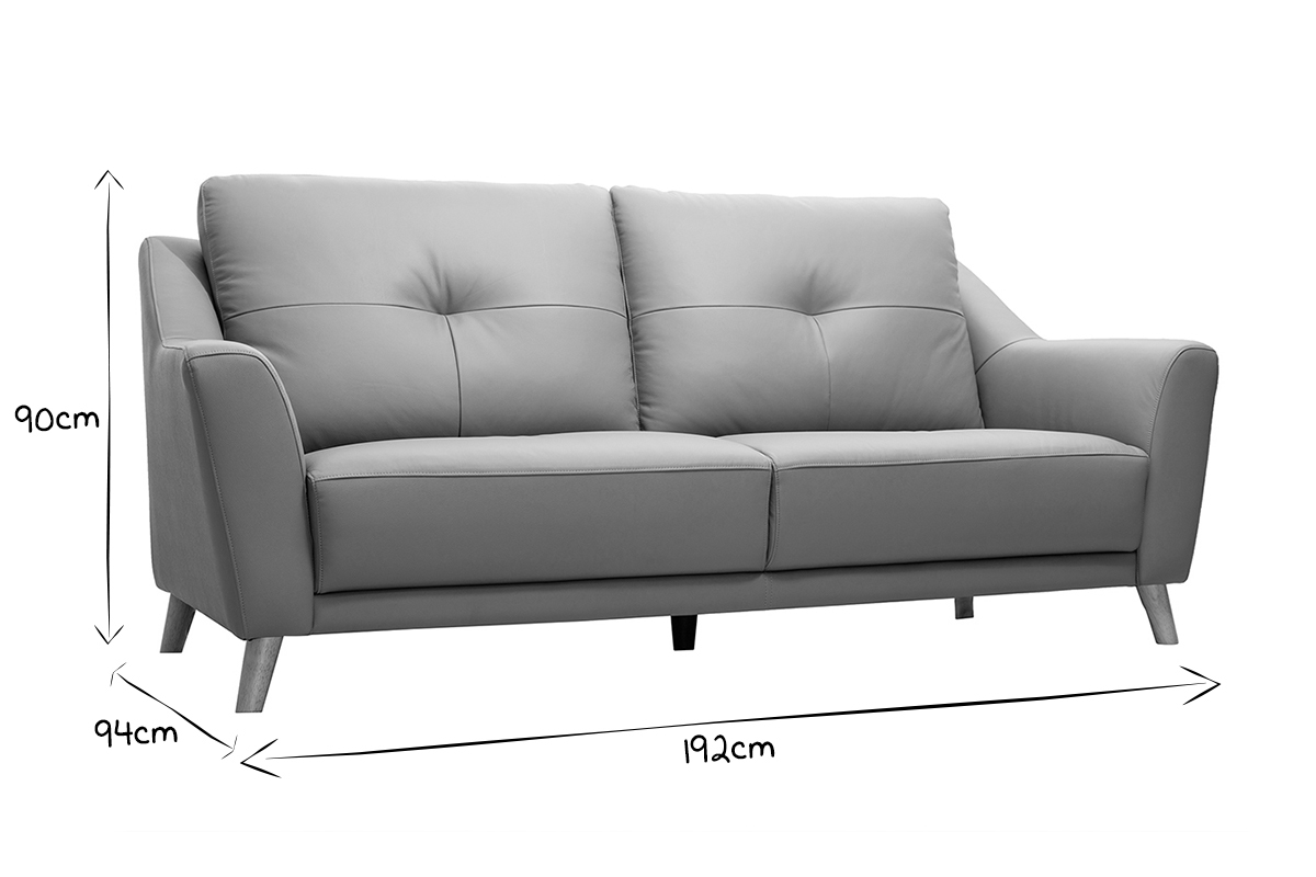 Canap design 3 places cuir gris et bois clair ARNOLD