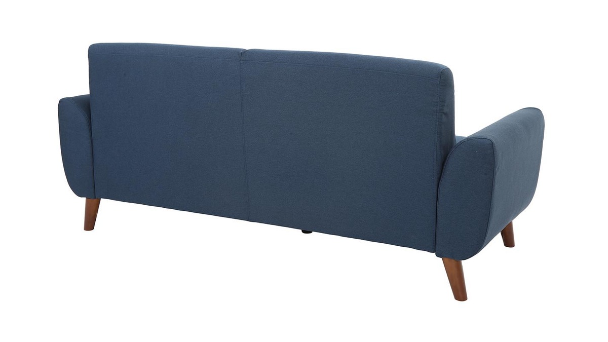 Canapé design 3 places en tissu bleu et bois foncé EKTOR