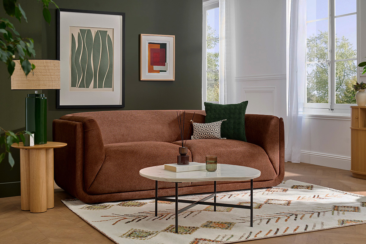 Canap� design 3 places en tissu chenille terre br�l�e HOSBO