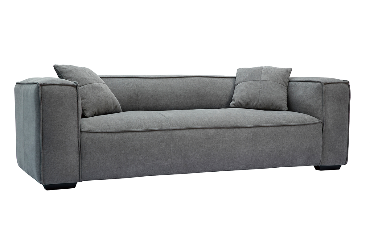 Canap design 3 places en tissu effet velours gris et bois noir COBAIN