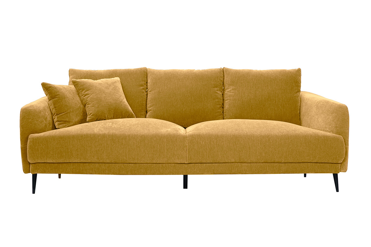Canap design 3 places en tissu effet velours jaune curry et mtal noir JERRY