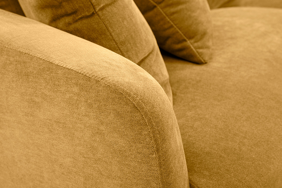 Canap design 3 places en tissu effet velours jaune curry et mtal noir JERRY