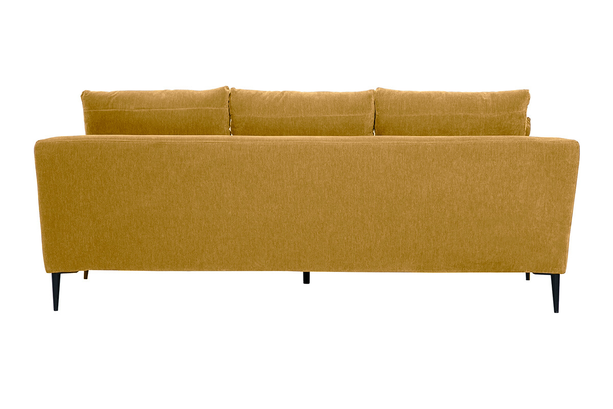 Canap design 3 places en tissu effet velours jaune curry et mtal noir JERRY