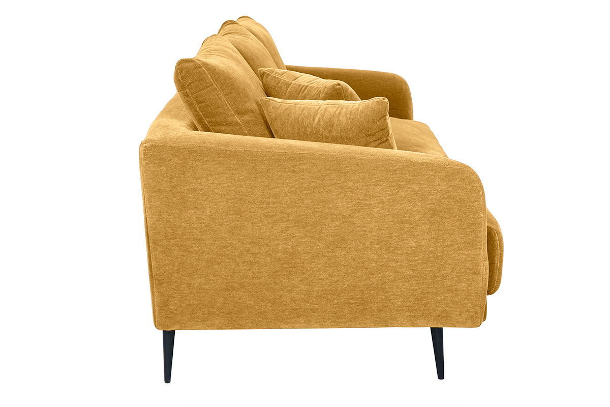 Canap design 3 places en tissu effet velours jaune curry et mtal noir JERRY