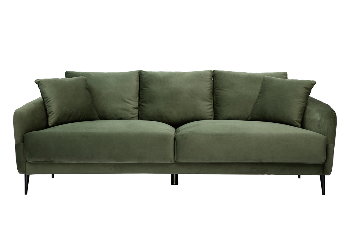 Canap design 3 places en tissu effet velours kaki et mtal noir JERRY