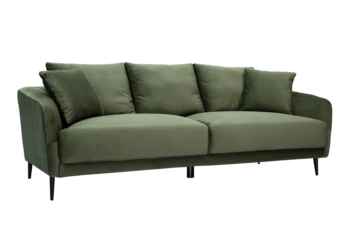 Canap design 3 places en tissu effet velours kaki et mtal noir JERRY