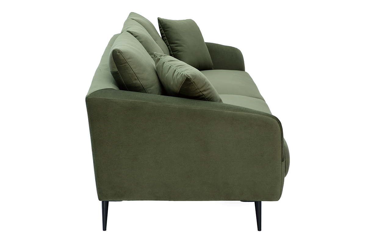 Canap design 3 places en tissu effet velours kaki et mtal noir JERRY