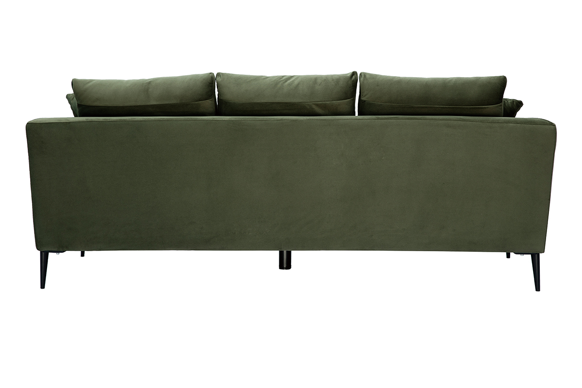 Canap design 3 places en tissu effet velours kaki et mtal noir JERRY
