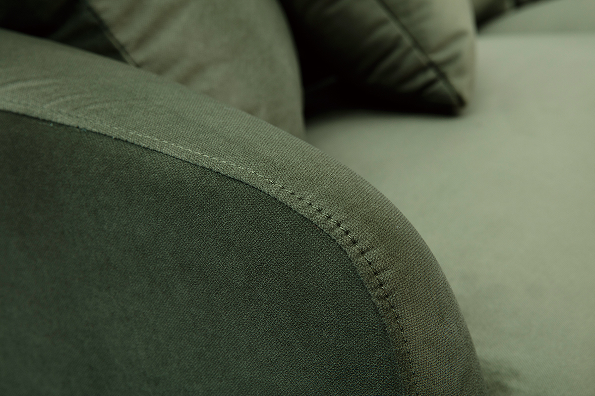 Canap design 3 places en tissu effet velours kaki et mtal noir JERRY