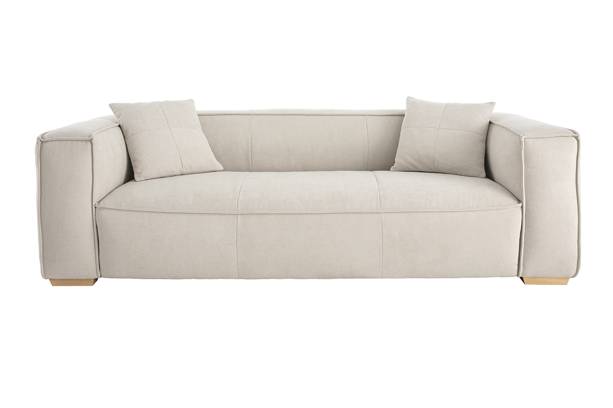 Canap design 3 places en tissu effet velours naturel et bois clair COBAIN