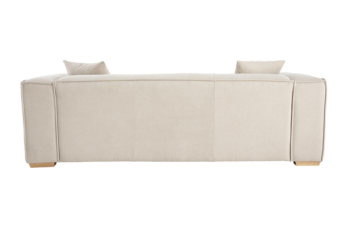 Canap design 3 places en tissu effet velours naturel et bois clair COBAIN