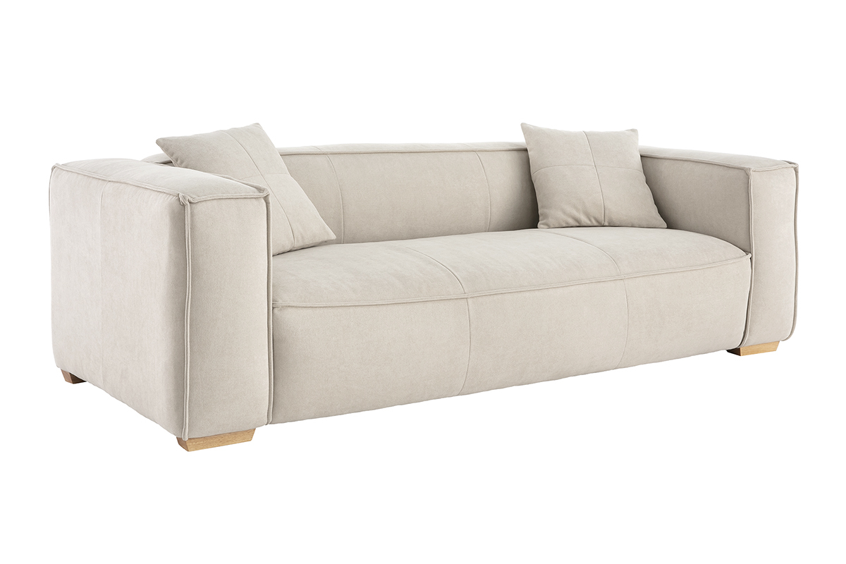 Canap design 3 places en tissu effet velours naturel et bois clair COBAIN
