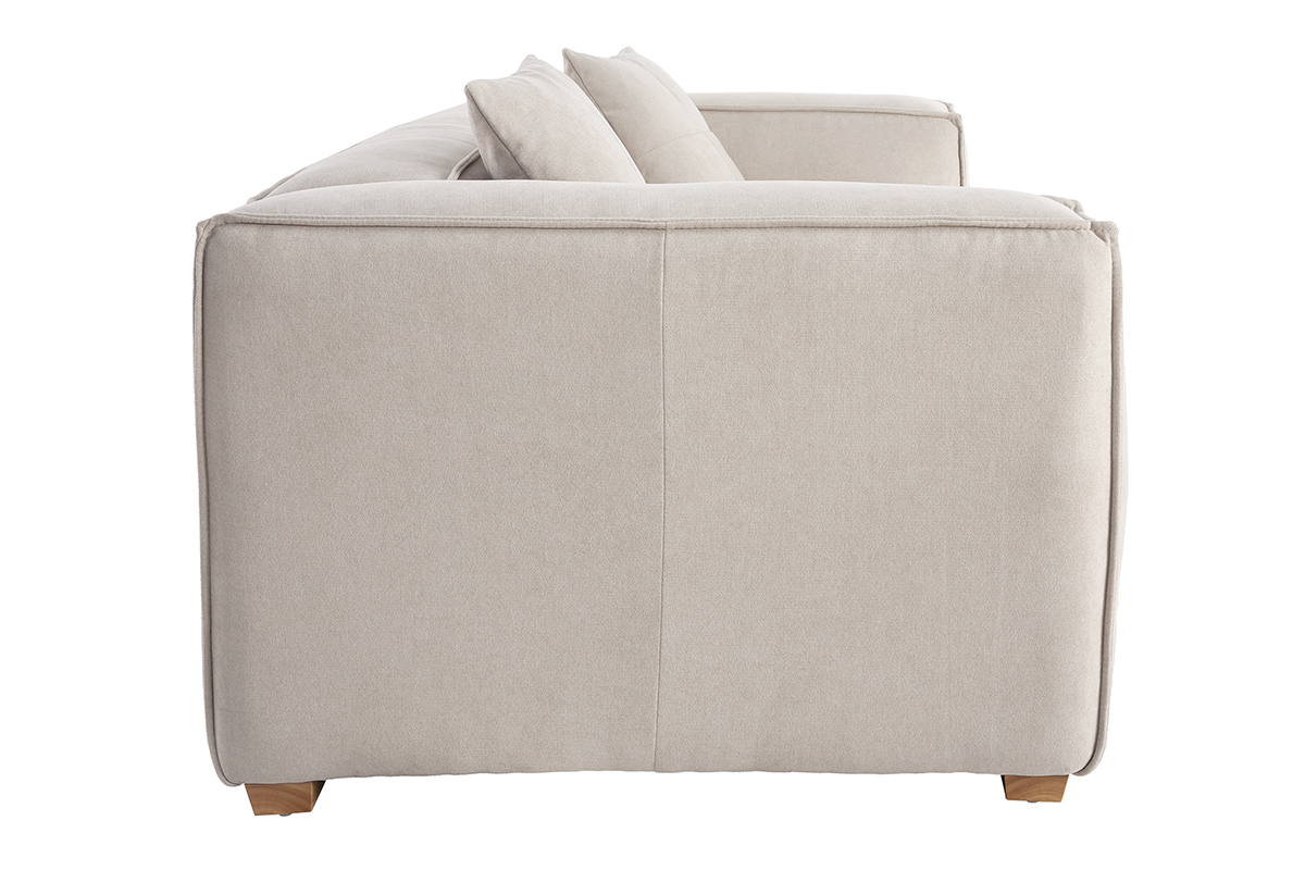Canap design 3 places en tissu effet velours naturel et bois clair COBAIN
