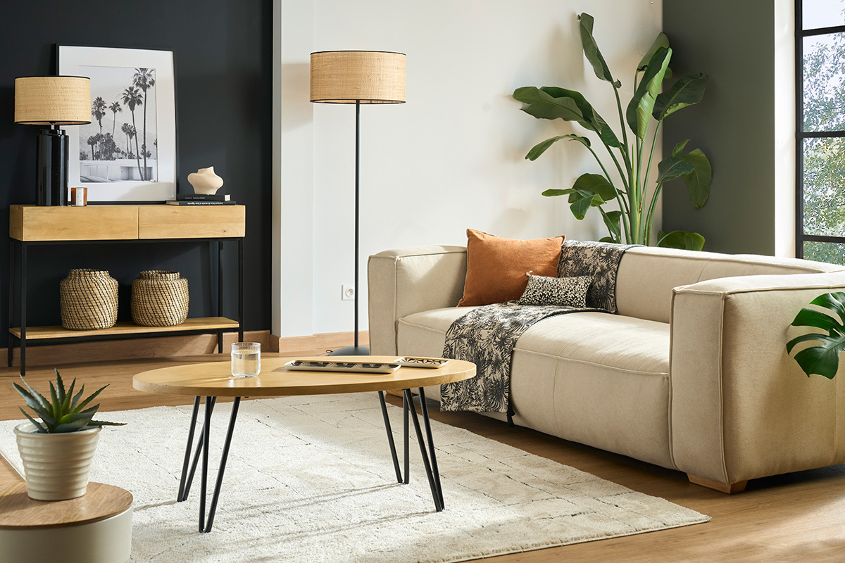 Canap design 3 places en tissu effet velours naturel et bois clair COBAIN