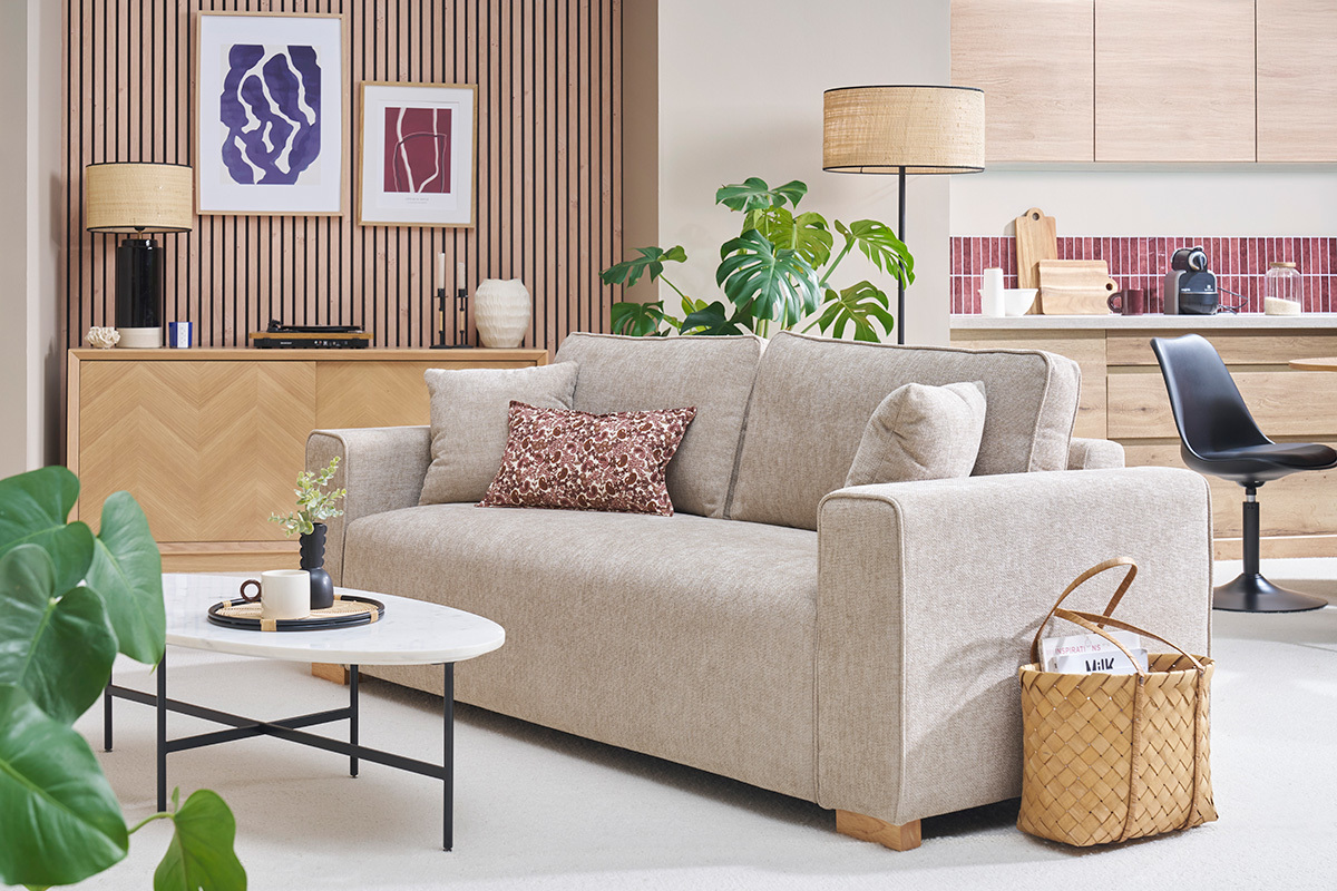 Canap� design 3 places en tissu effet velours textur� beige PEPPER