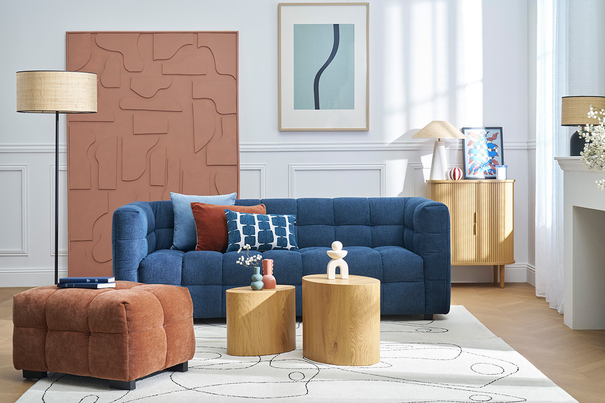 Canap design 3 places en tissu effet velours textur bleu fonc CORTO