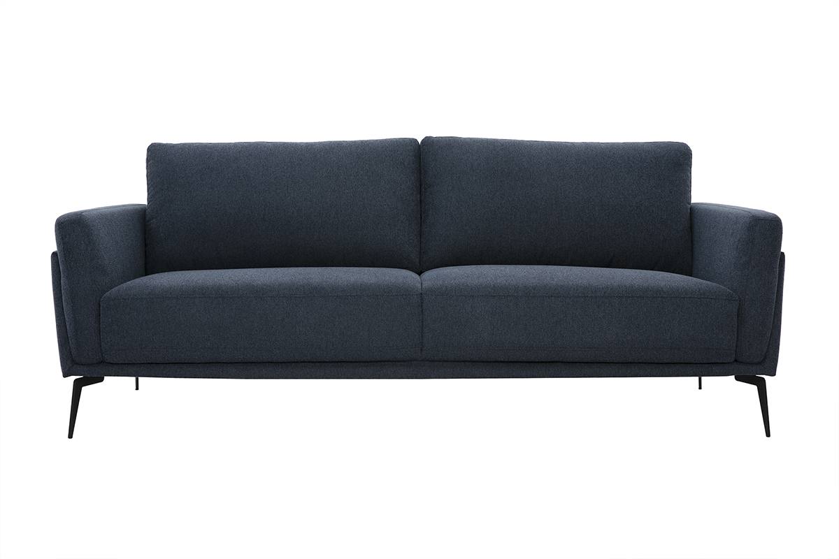 Canap design 3 places en tissu effet velours textur bleu fonc et mtal noir MOSCO